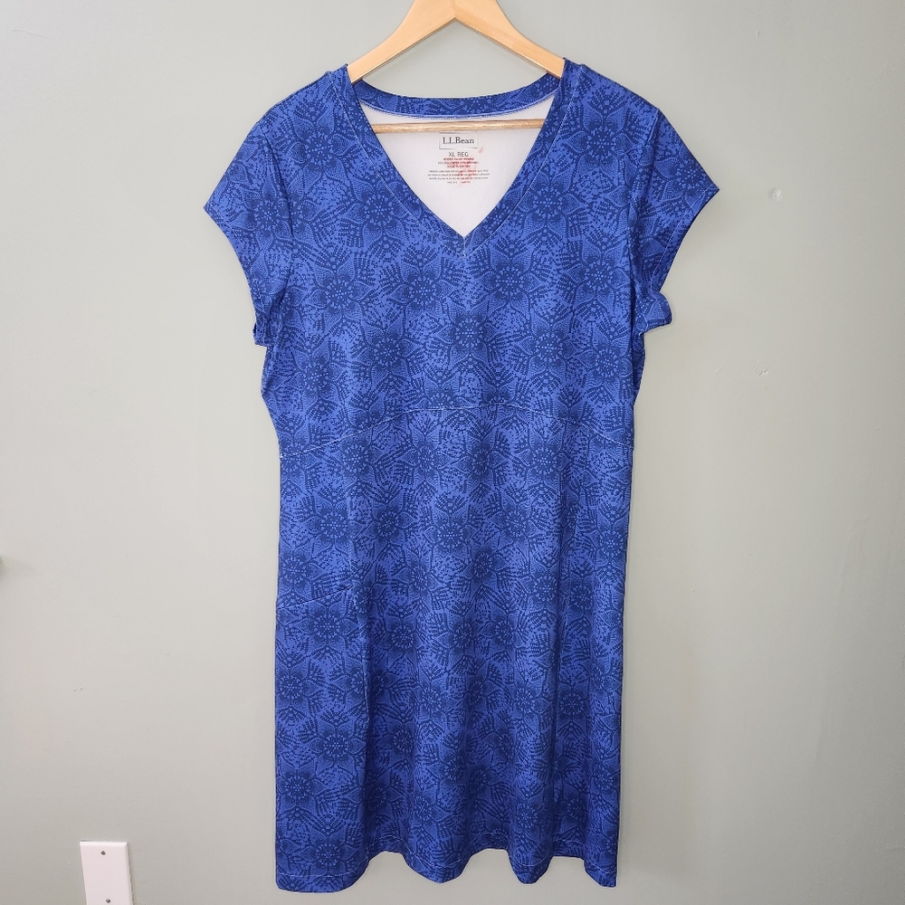 L.L. Bean Dress A-line Stretch Blue Sunbursts Knee Length Pocket Sz XL EUC